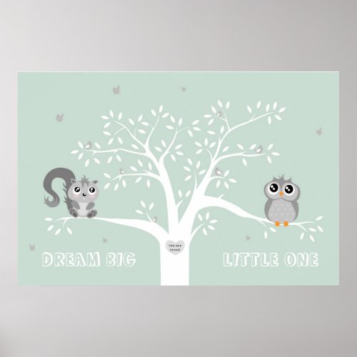 Cute owl and squirrel mint green dream big poster