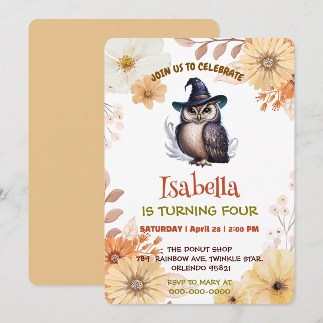 Cute Owl animal flower cartoon Birthday party Invitation (Front/Back)