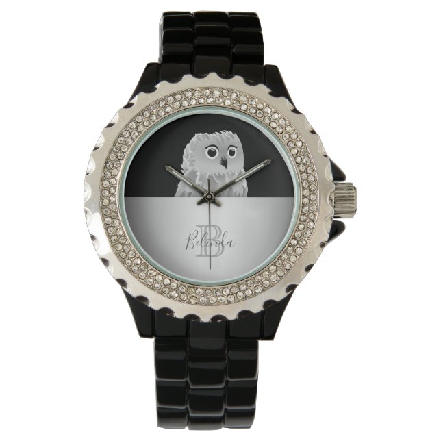 Cute Owl Animal Monogram White Silver Black Watch (Front)