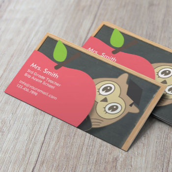 Cute Owl & Apple Chalkboard Teacher Business Card by cardfactory at Zazzle