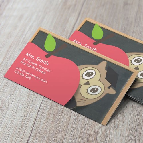 Cute Owl  Apple Chalkboard Teacher Business Card