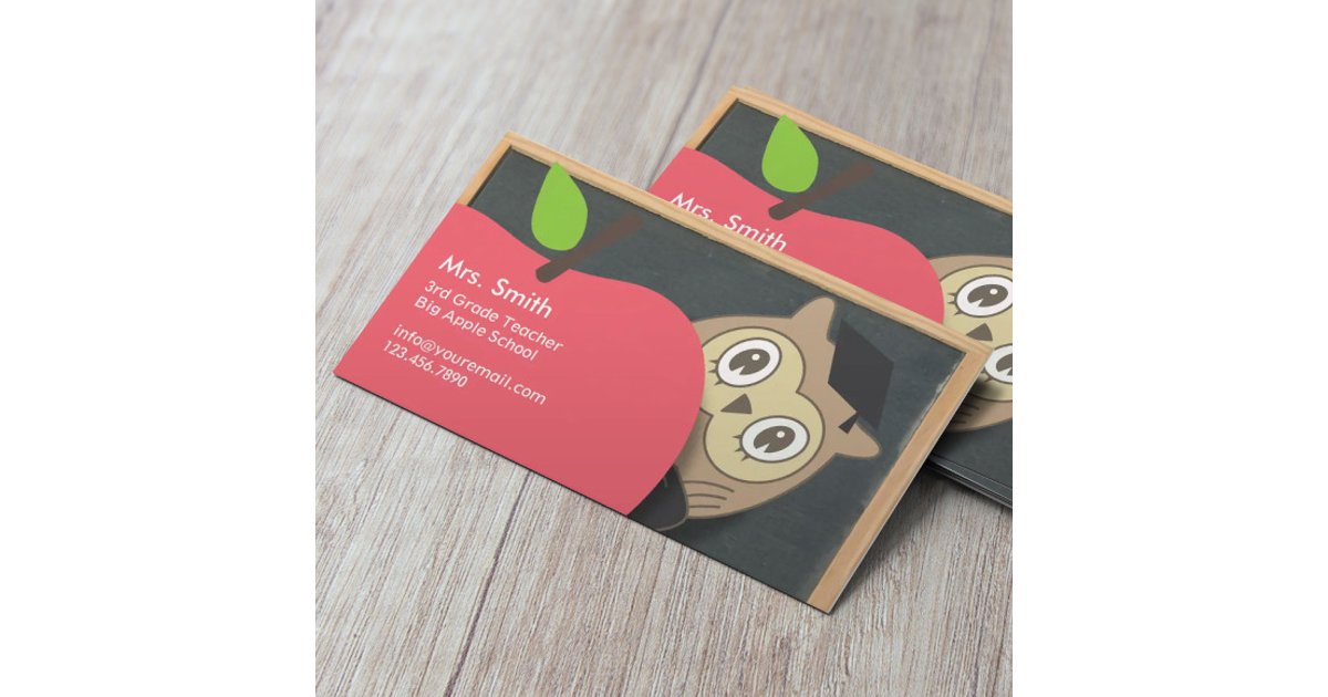 Cute Owl & Apple Chalkboard Teacher Business Card | Zazzle