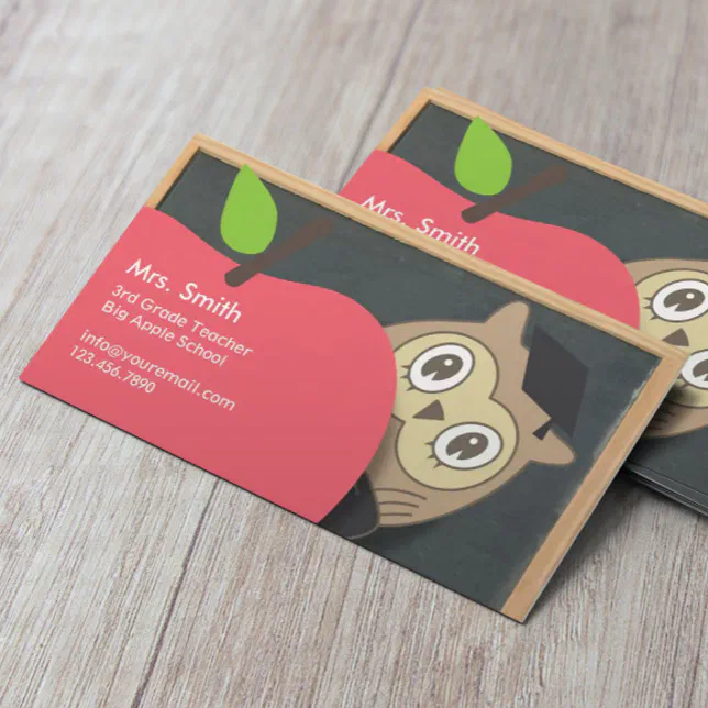 Cute Owl & Apple Chalkboard Teacher Business Card | Zazzle