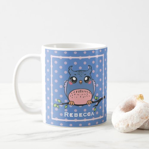 Cute Owl Art Dotty Personalised Blue and Pink  Coffee Mug