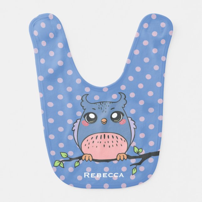 Cute Owl Art Dotty Personalised Girls Baby Bib (Front)