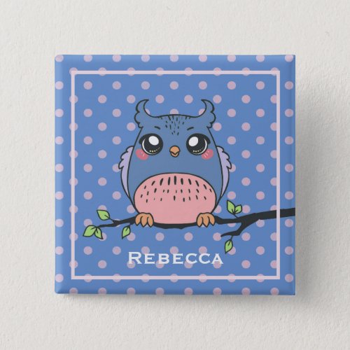 Cute Owl Art Dotty Personalised Girls Button