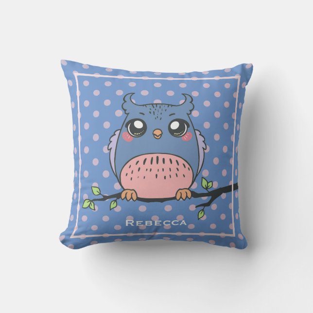 Cute Owl Art Dotty Personalised Girls Throw Pillow (Front)