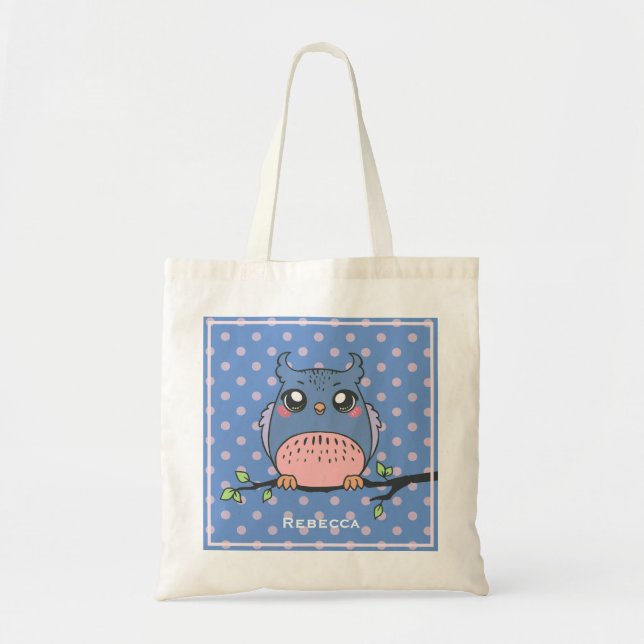 Cute Owl Art Dotty Personalized Girls Tote Bag (Front)