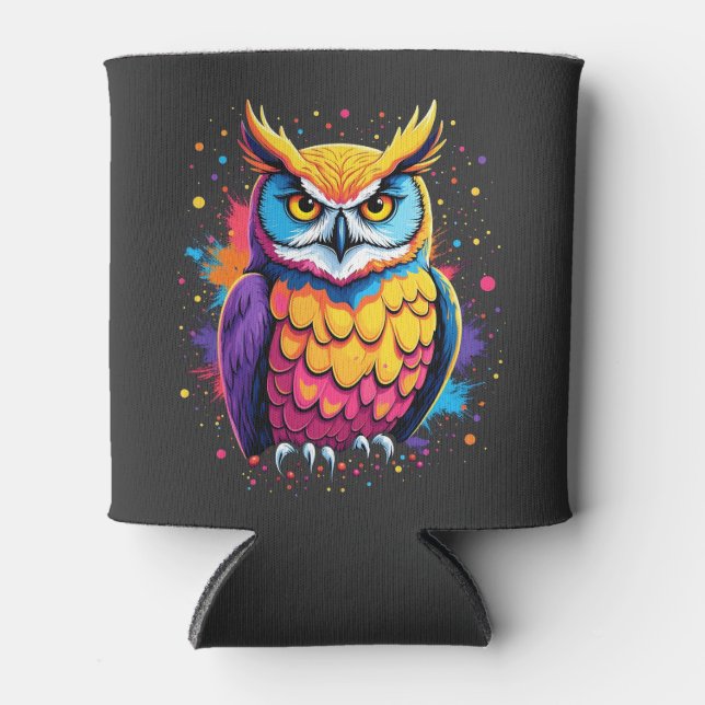 Cute Owl artwork Owl Nocturnal Bird Lover Can Cooler (Front)