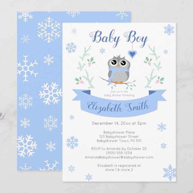 Cute owl baby boy winter babyshower invitation (Front/Back)