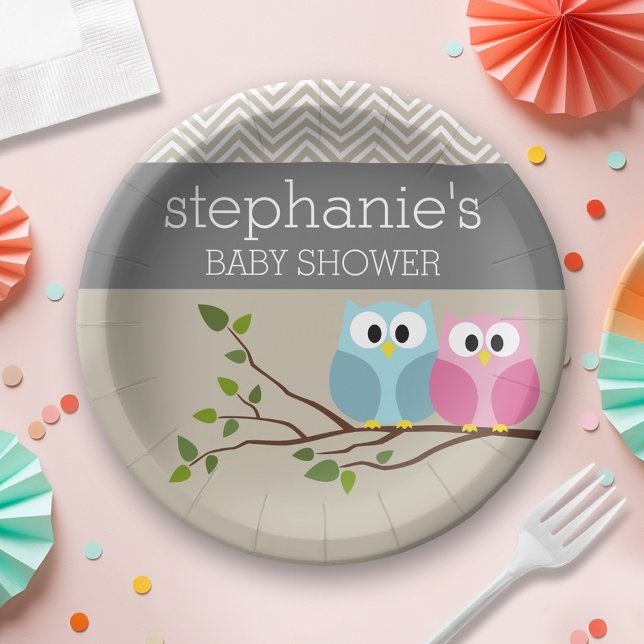 Cute Owl Baby Girl or Boy Gender Reveal Shower Paper Plates (Personalized Baby Shower Plates - Cute Woodland Owl)