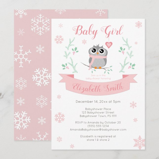 Cute owl baby girl winter babyshower invitation (Front/Back)