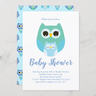 Cute Owl Baby Shower Blue Bird Boy Invitation