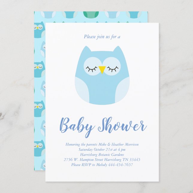 Cute Owl Baby Shower Blue Bird Boy Invitation (Front/Back)