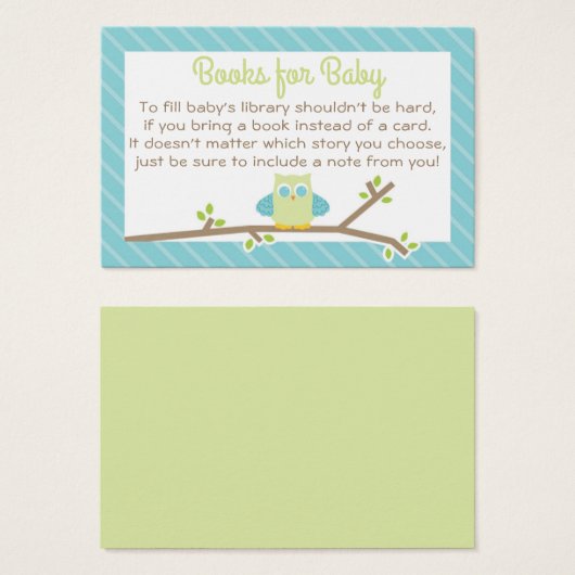 Cute Owl Baby Shower Book Request Card blue green (Front & Back)