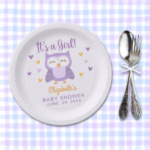 Cute Owl Baby Shower Girl Paper Plates