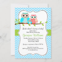Cute Owl Baby Shower Invitation / Blue Green