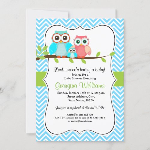 Cute Owl Baby Shower Invitation  Blue Green