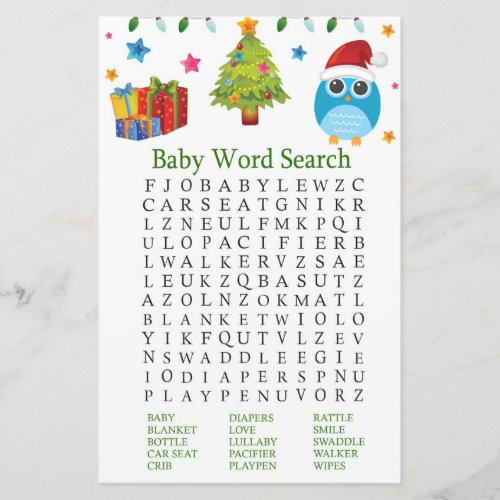 Cute Owl Baby Shower Word Search Game