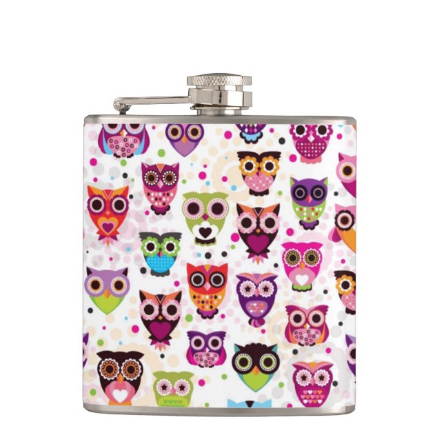 Cute owl background pattern for kids hip flask (Front)