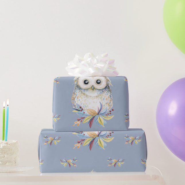 Cute Owl beige and blue gray background Wrapping Paper (Party Gifts)