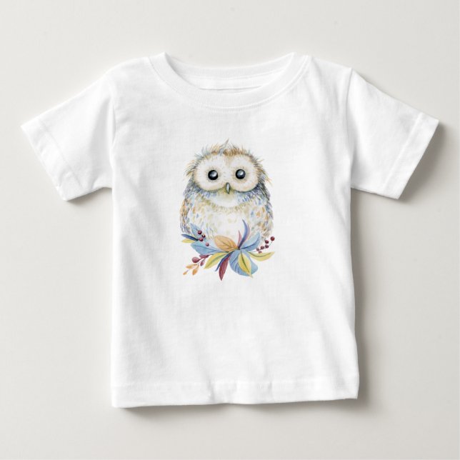Cute Owl beige and blue watercolor Baby T-Shirt (Front)