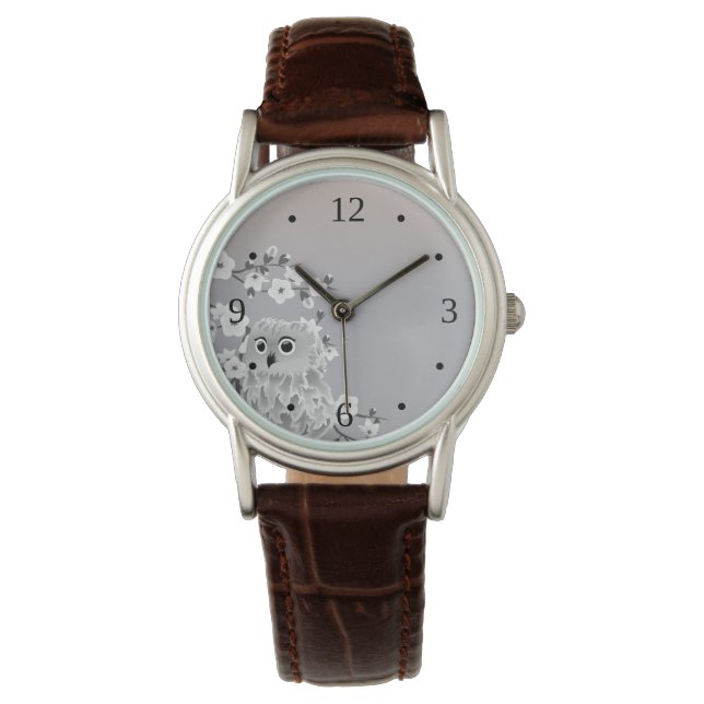 Cute Owl Beige Taupe White Numbers Watch (Front)