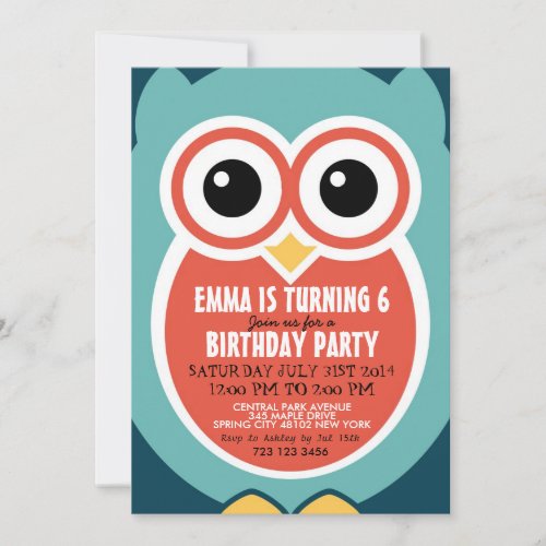 Cute Owl Bird Birthday Invitation Card for Kids