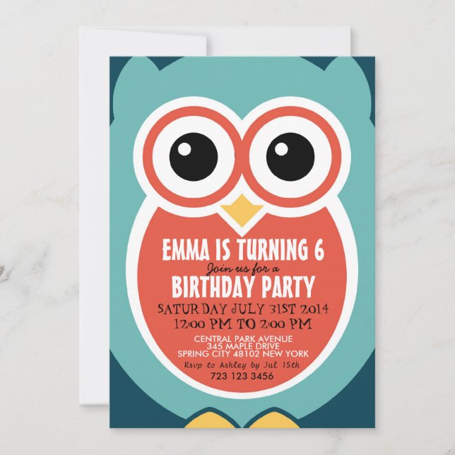 Cute Owl Bird Birthday Invitation Card for Kids (Front)