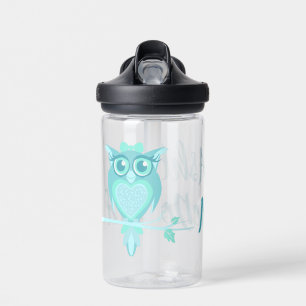 Cute owl bird graphic aqua mint kids water bottle