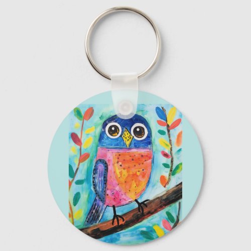 Cute Owl Bird Watercolor Art  Keychain