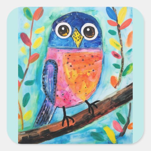 Cute Owl Bird Watercolor Art  Square Sticker