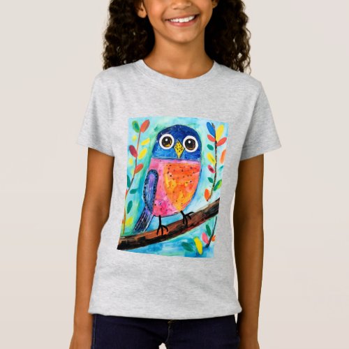 Cute Owl Bird Watercolor Art  T_Shirt