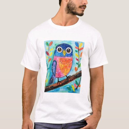 Cute Owl Bird Watercolor Art  T_Shirt