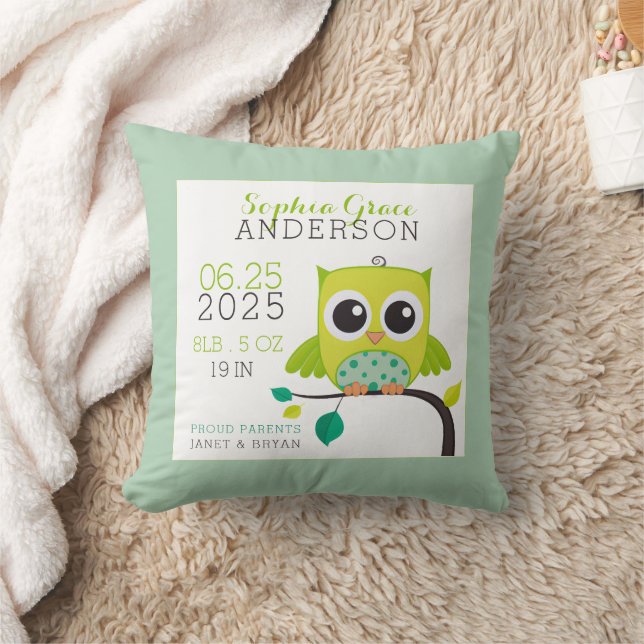 Cute Owl Birth Stats Keepsake Baby Nursery Throw Pillow (Blanket)