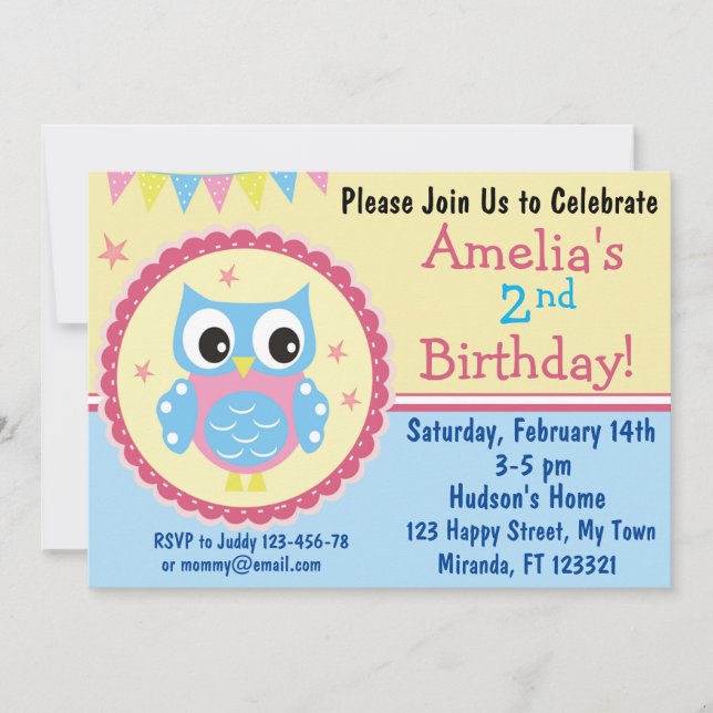 Cute owl birthday invitation (Front)