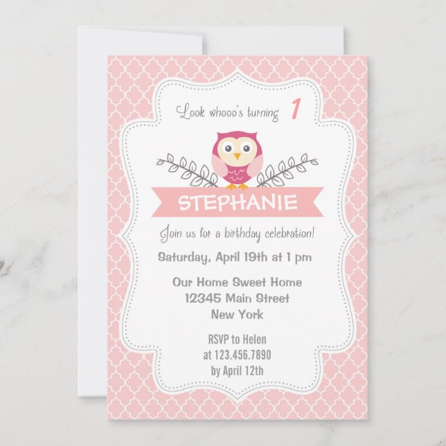 Cute Owl Birthday Invitation Sweet Light Pink (Front)