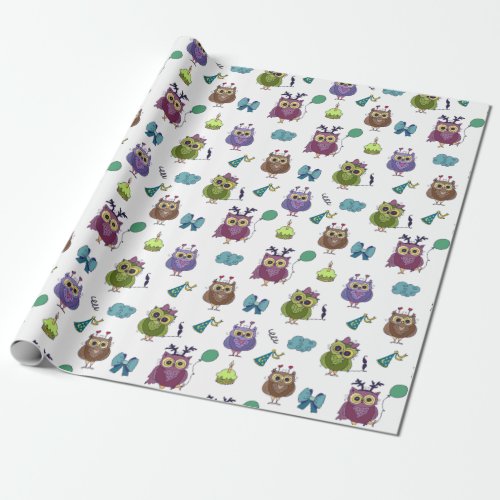 Cute Owl Birthday Pattern  White Wrapping Paper