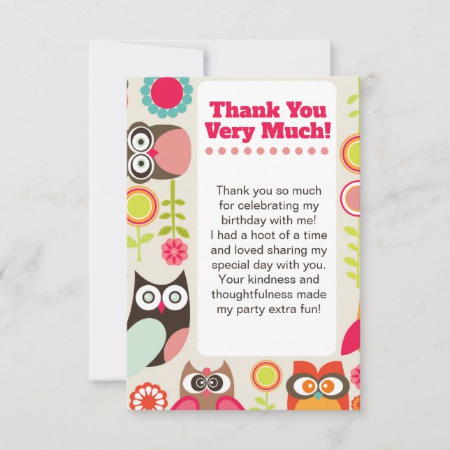 Cute Owl Birthday Thank you card (Front)