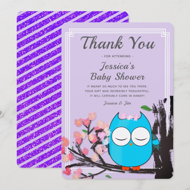 Cute Owl Blossom Purple Glitter Stripes Thank You Invitation (Front/Back)