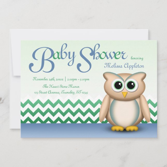 Cute Owl - Blue & Green Chevron Baby Shower Invitation (Front)