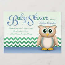 Cute Owl - Blue & Green Chevron Baby Shower Invitation