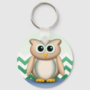 Cute Owl - Blue & Green Chevron Keychain