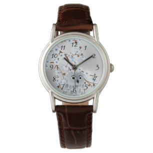 Cute Owl Blue Silver Cherry Blossoms Numbers Watch