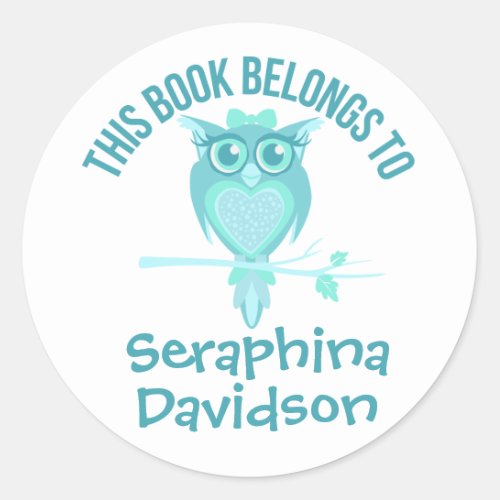 Cute Owl book plate name aqua id label sticker