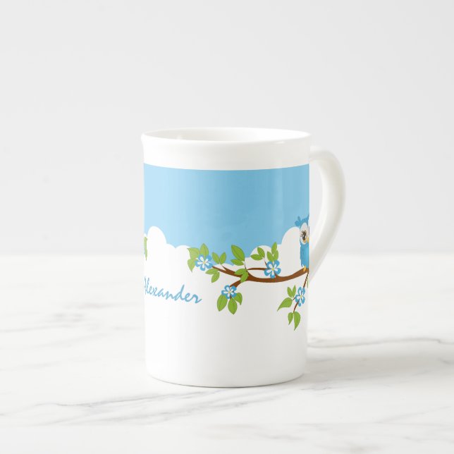Cute Owl Boy on a Branch Bone China Mug (Front Right)