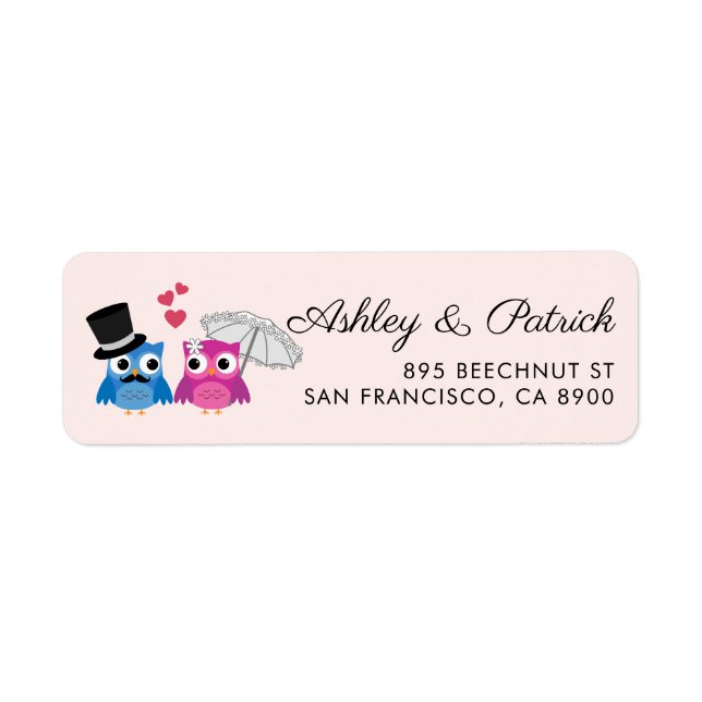 Cute Owl Bride in Parasol and Groom in Top Hat Label (Front)