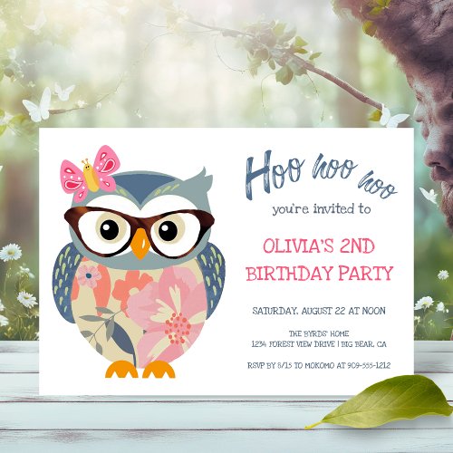 Cute Owl Butterfly Flowers Girls Birthday Invitation