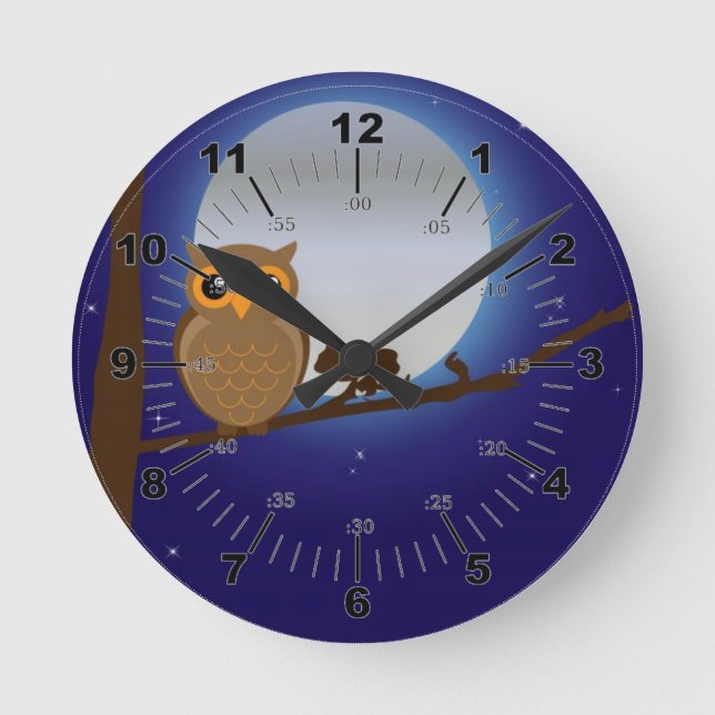 Cute Owl By The Moonlight Round Clock (Front)