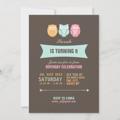 Cute Owl Cartoon Birthday Invitation for Kids